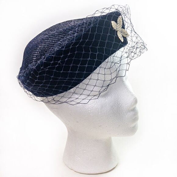 VTG Deep Blue Velvet Veiled Pillbox Pearl Quatrefoil - Picture 3 of 12